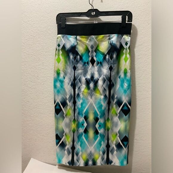 Milly Geometric Print Midi Pencil Skirt White Black Blue Size 6 - Picture 1 of 7